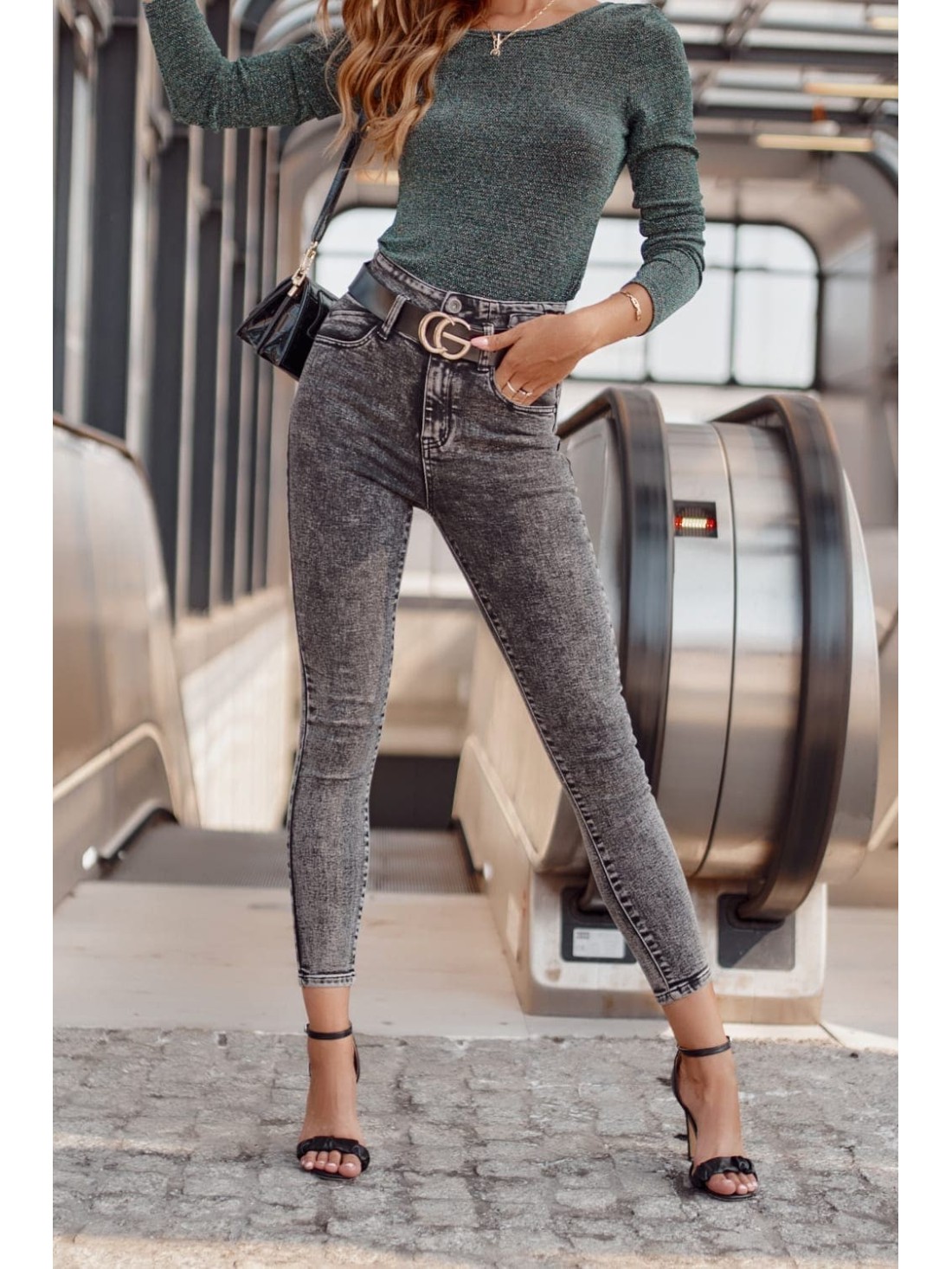 High waisted push up denim trousers, dark gray 60200 - Online store - Boutique